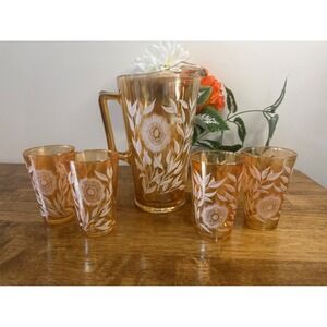 Jeannette Glass Marigold Iridescent Late Sunflowers Pitcher Set‎ Vintage 5 Piece
